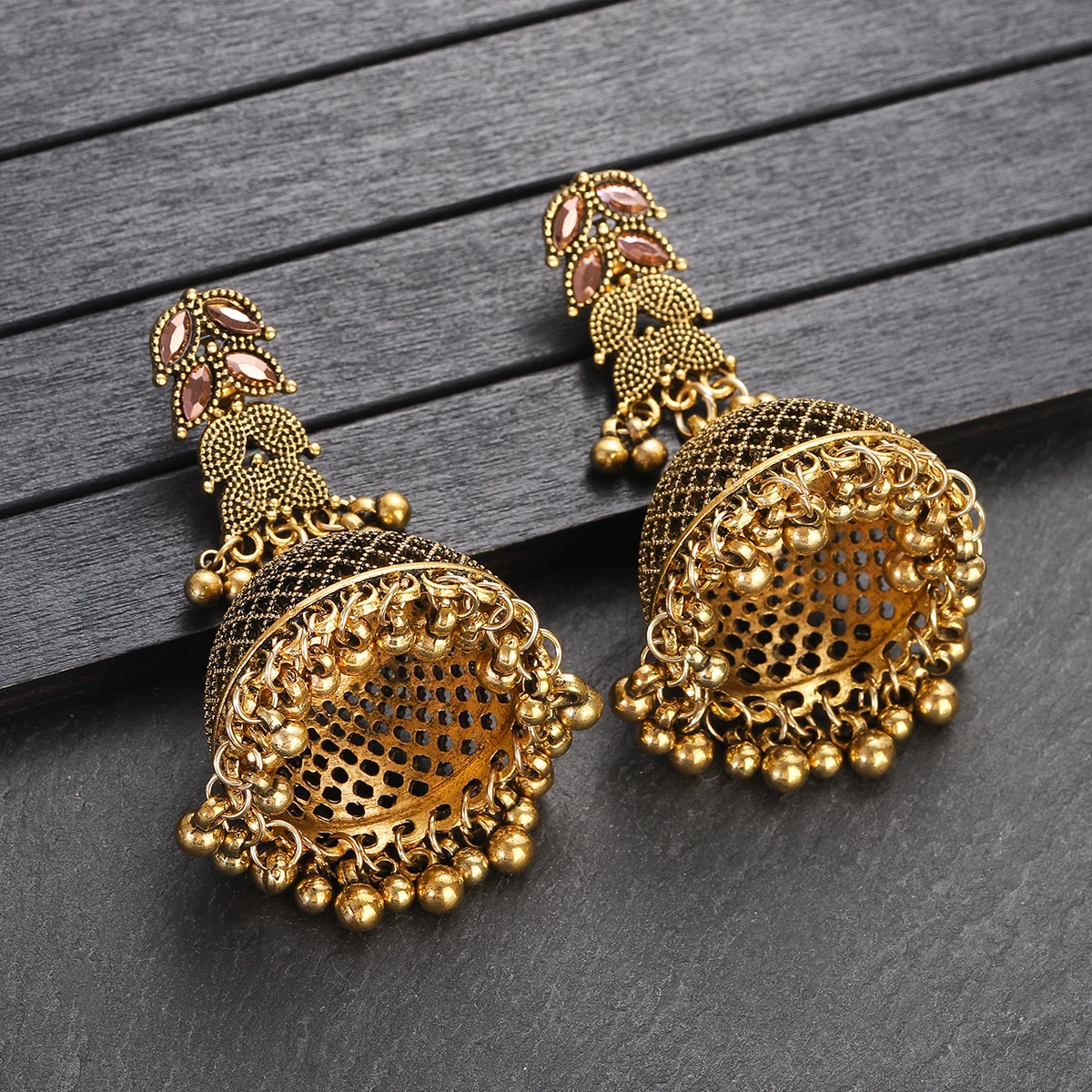 Ethnic Gold Color Big Bell Dangle Earrings for Women Vintage Jewelry Pink Zircon Hollow Bells Carved Earrings Indian Earrings