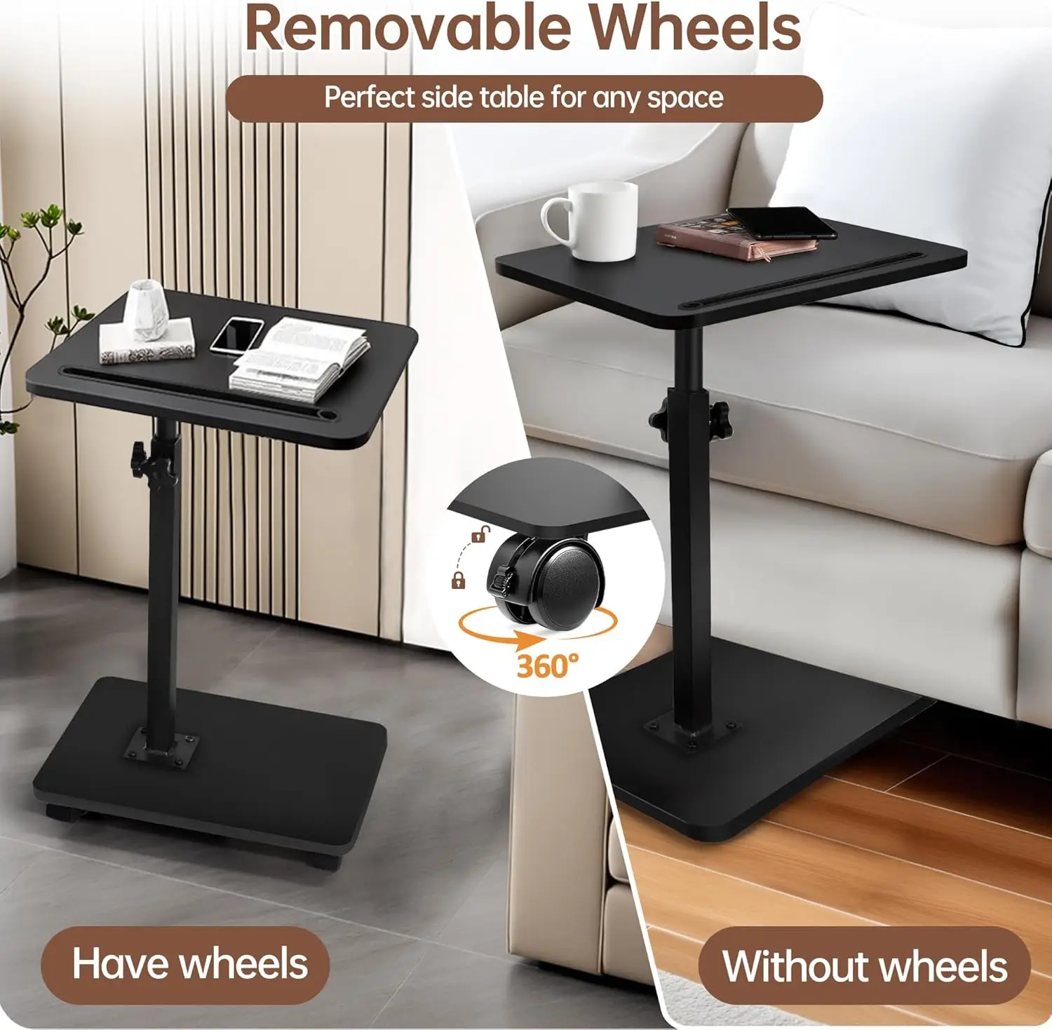 

Adjustable Desk Tea table 360° Rotating Tabletop Mobile Stand Home Office Tray Standing Rolling With Groove Placing Tablet Flat