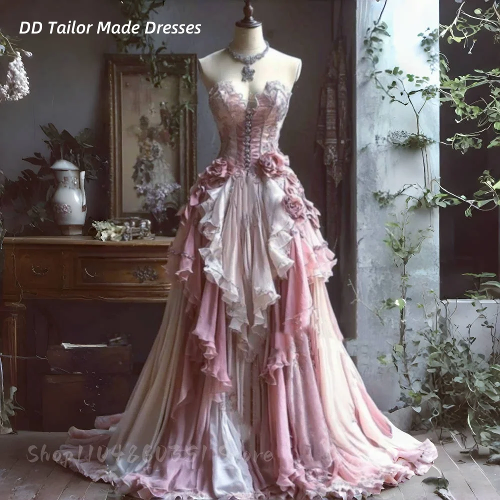 Romantisches Gartenhochzeitskleid in Rosa und Elfenbein, A-Linie, langes Brautkleid, gerüschte Blumen, trägerloses Korsett, formelle Kleider, individuell gestaltet