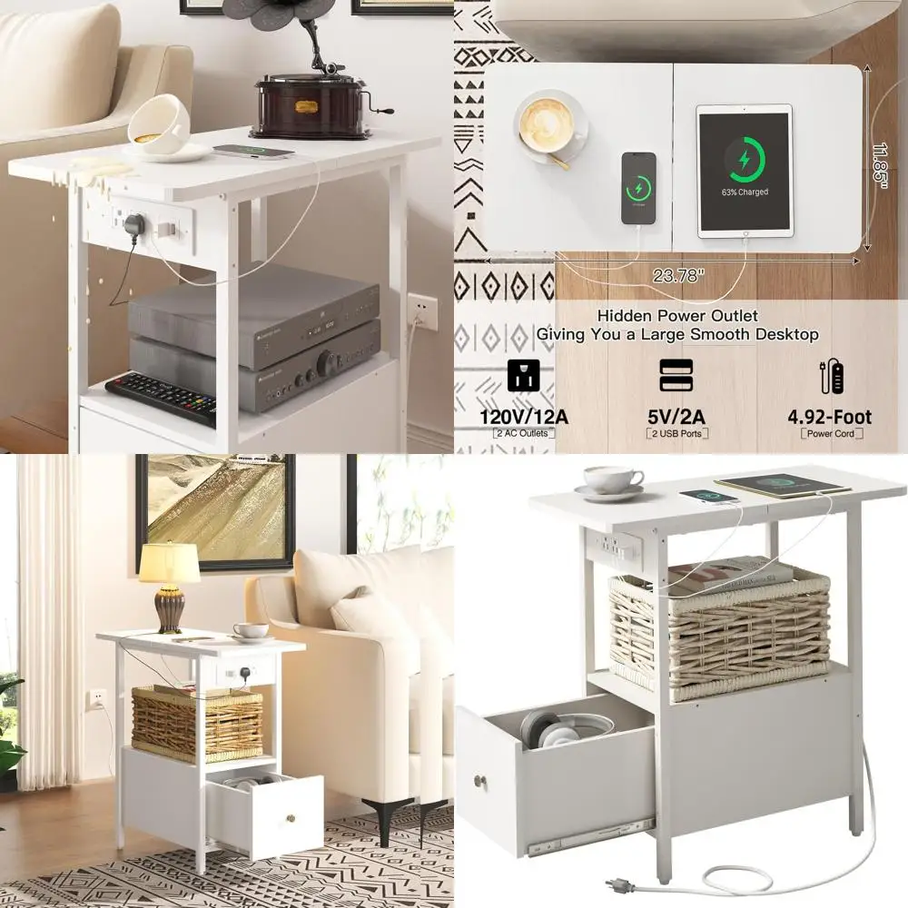 

White Charging Station Nightstand with Drawer and USB/Power Outlets for Compact Spaces