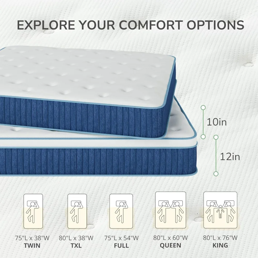 12-дюймовый полноразмерный гибридный матрас средней прочности с сертифицированной безопасной пеной и тканью для охлаждения, изоляции движения и дыхания.