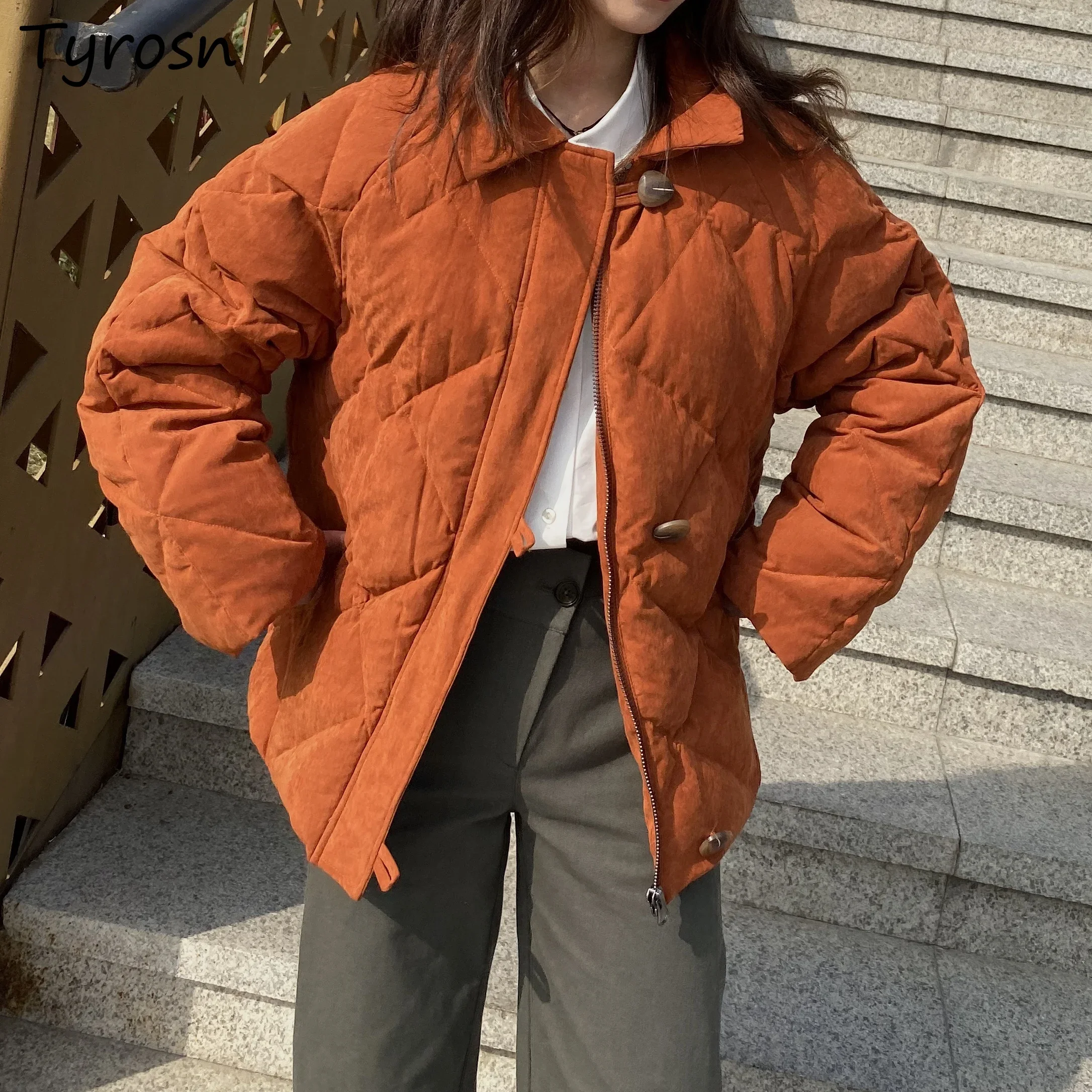 Short Style Parkas Women Casual All-match Turn-down Collar Thicker Outwear Keep Warm Button Pockets Design Argyle Parka Students