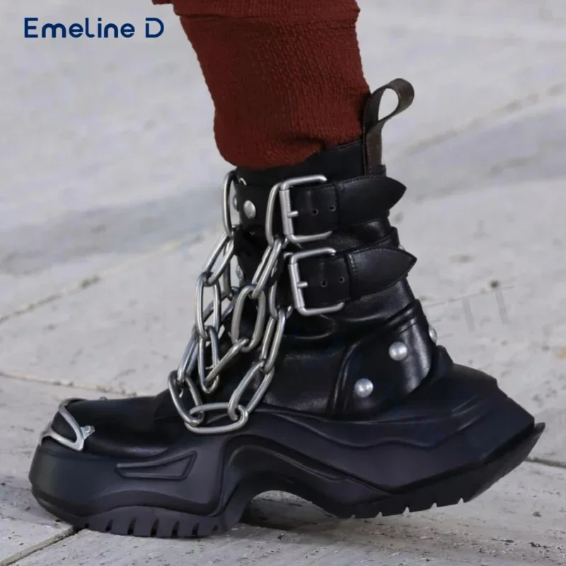 Metal Chain Rivet Decoration Boots Black Belt Buckle Round Toe Thick Bottom Lace-Up Boots Casual Personality Designer Men's Boot