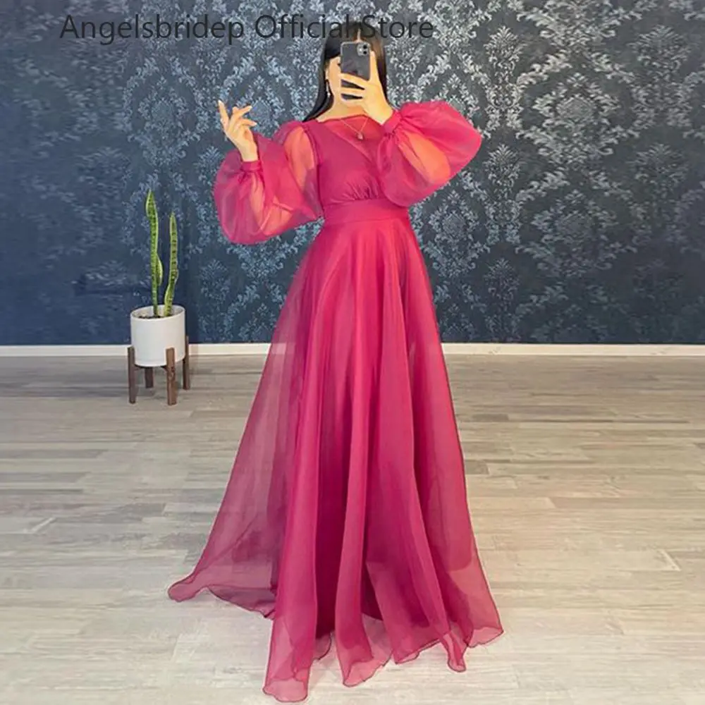 

Angelsbridep Burgundy Tulle Saudi Arabia Prom Dresses High Neck Puff Sleeves Robe De Soirée Femme Vestido De Noche Party Dresses