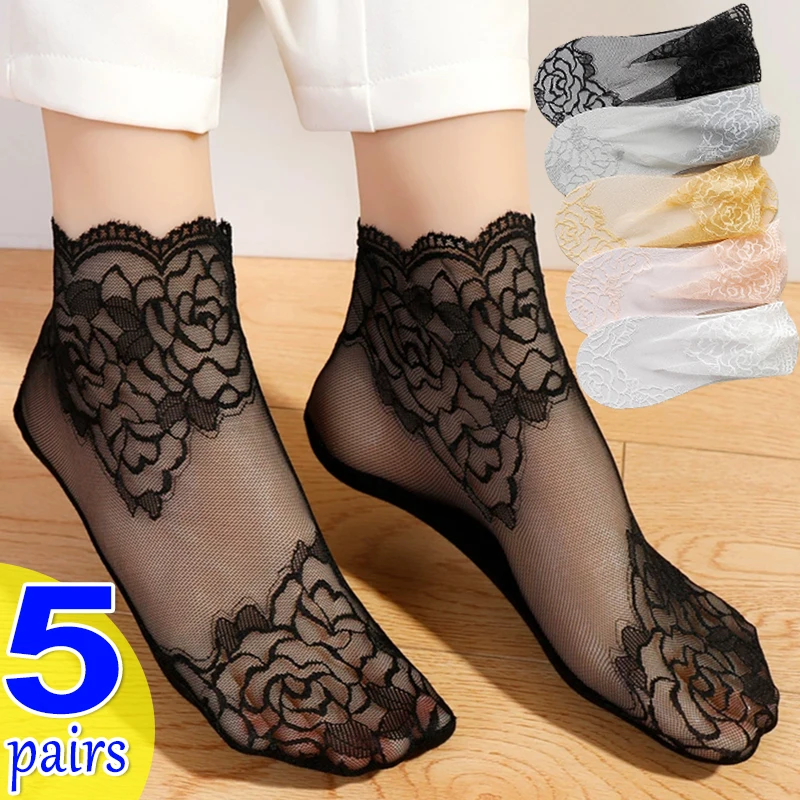 Chaussettes invisibles en dentelle pour femmes, sexy, bateau, creuses, non aldes, peu profondes, transparentes, lolita