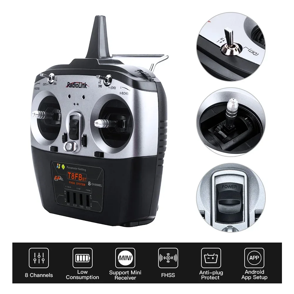 جهاز إرسال Radiolink T8FB 8 - قناة 2.4G RC مع جهاز استقبال BT - R8EF، مثالي للطائرات بدون طيار، ثابتة - الجناح ونماذج RC