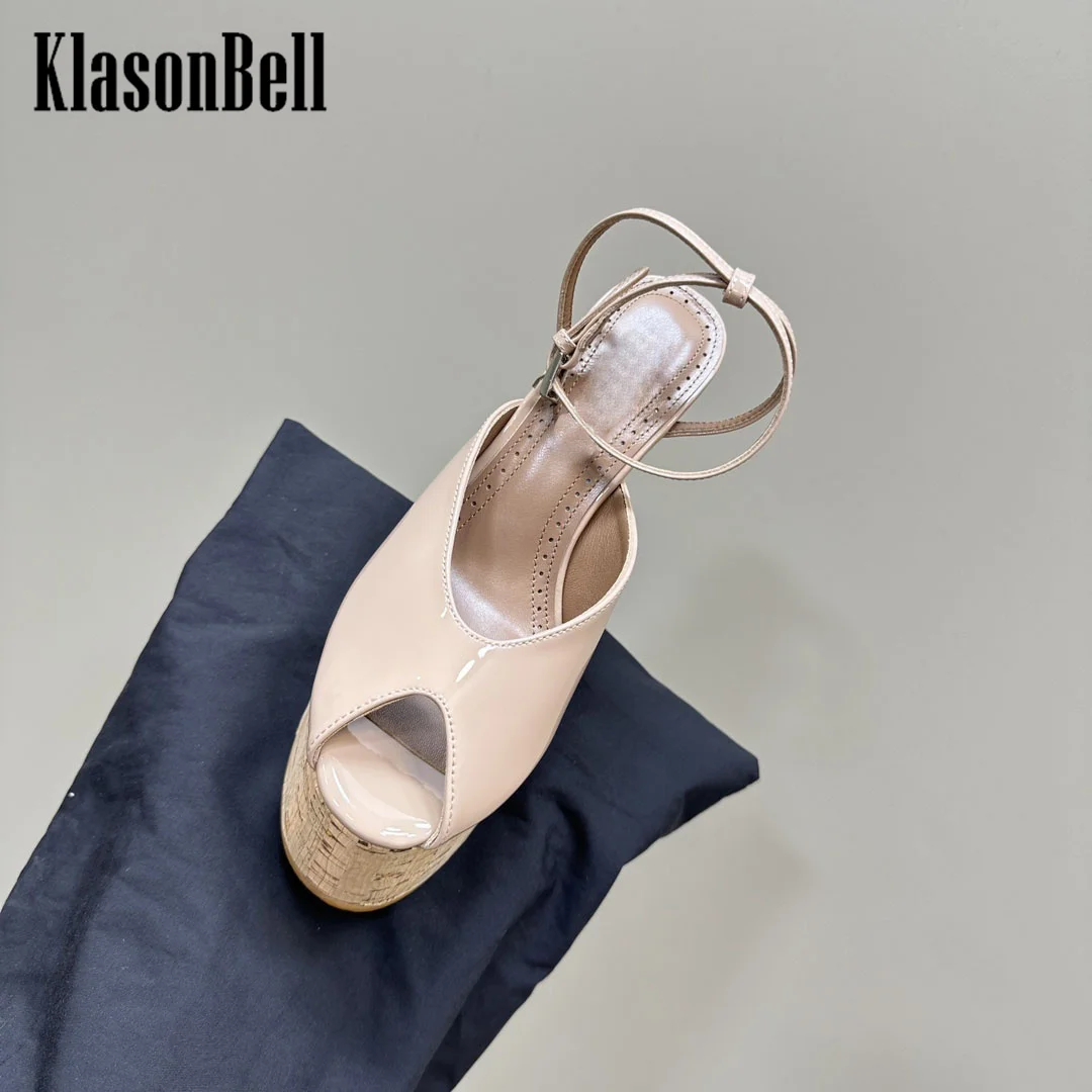 7.22 KlasonBell Europe America Fashion High Heel Women Sandals Patent Leather Sexy Peep Toe Wedges Sandals 2024 Summer New