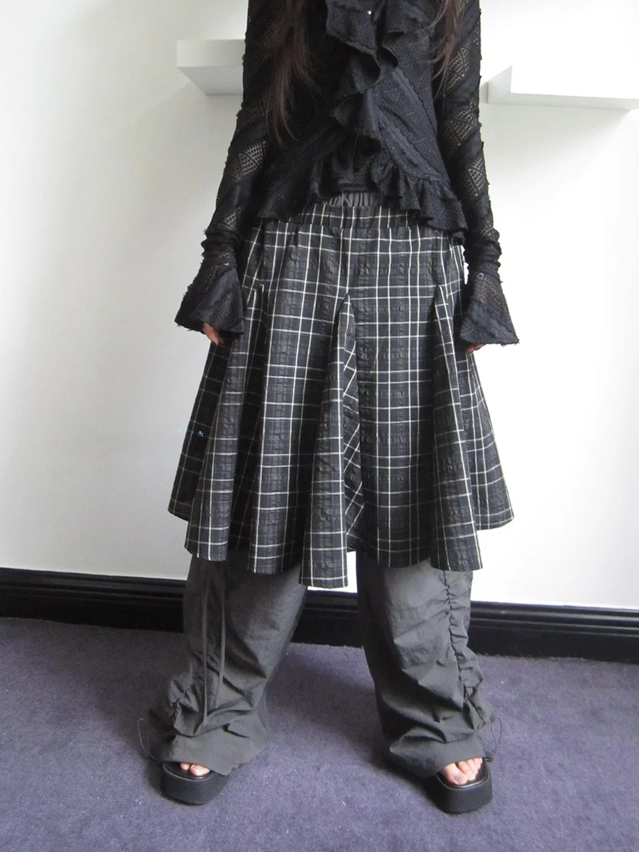 

Angproject Vintage Plaid Pleated Splicing Skirt All Match Summer New Arrival Korean Sle Loose Fit mid Waist Skirt