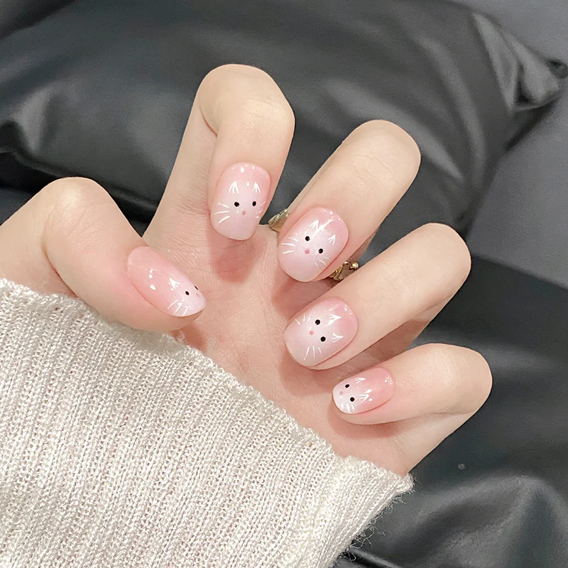 SKY CLOUD 10pcs Shy Little Cat Pattern Handmade False Nails for Girls Detachable Nail Tips Press on Nails Manicure Daily Wear