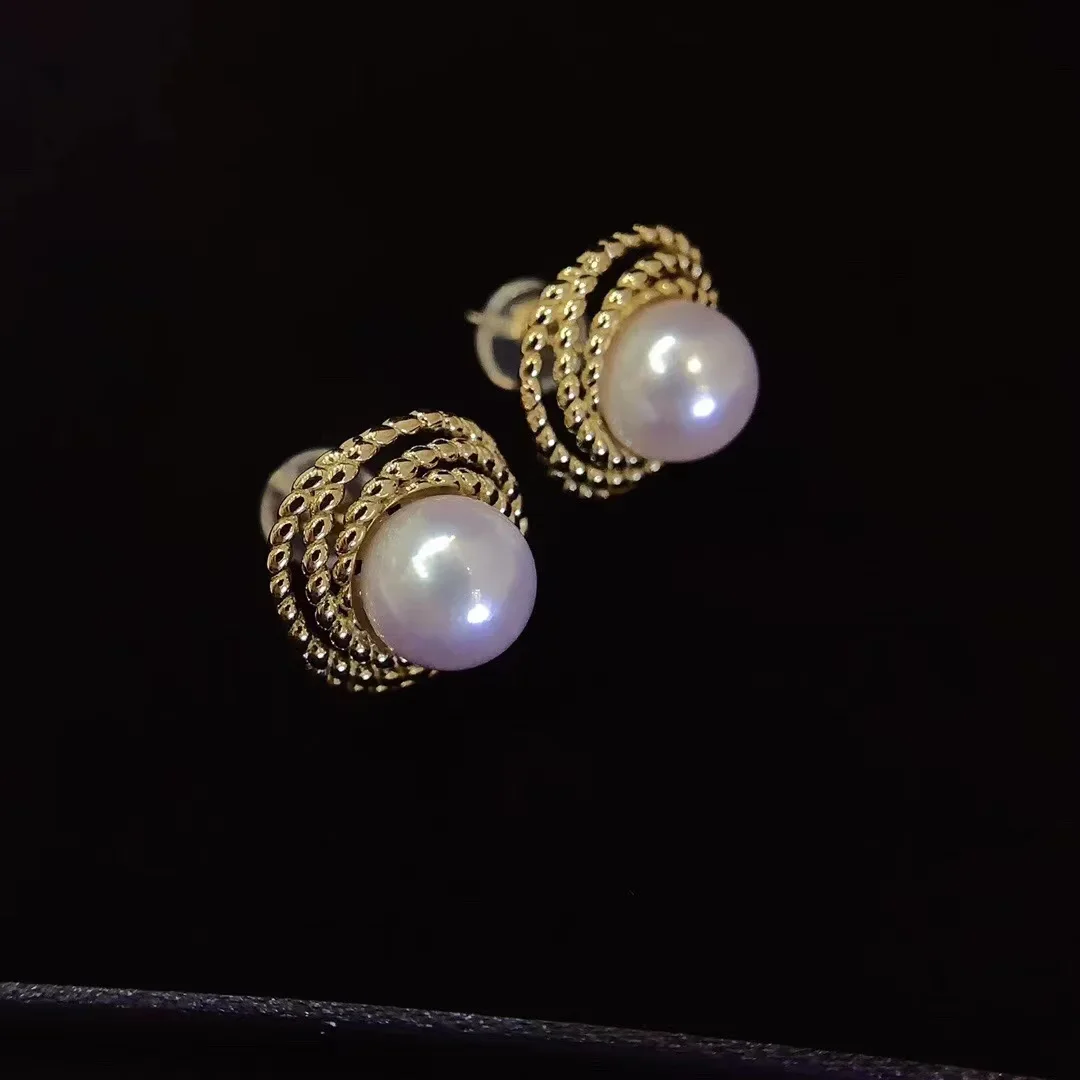 DSHIJOJ 7-7.5mm Freshwater Pearl 18K Yellow Gold Women Earrings Multi-layers Braided Stud Earrings