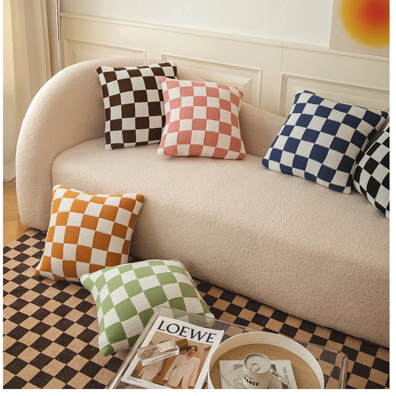 Checkerboard Plaid Plush Cushion Cover Knitted Car Sofa Throw Pillow Cover  Short Fleece Pillowcase Cushion for Sofa Bed Decor