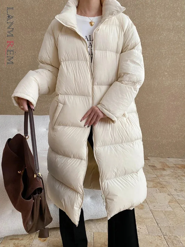 [LANMREM] Office Lady Thick Warm Down Long Outwear Women's Stand Neck Double Zipper Design Coats 2024 Winter New 26C1139