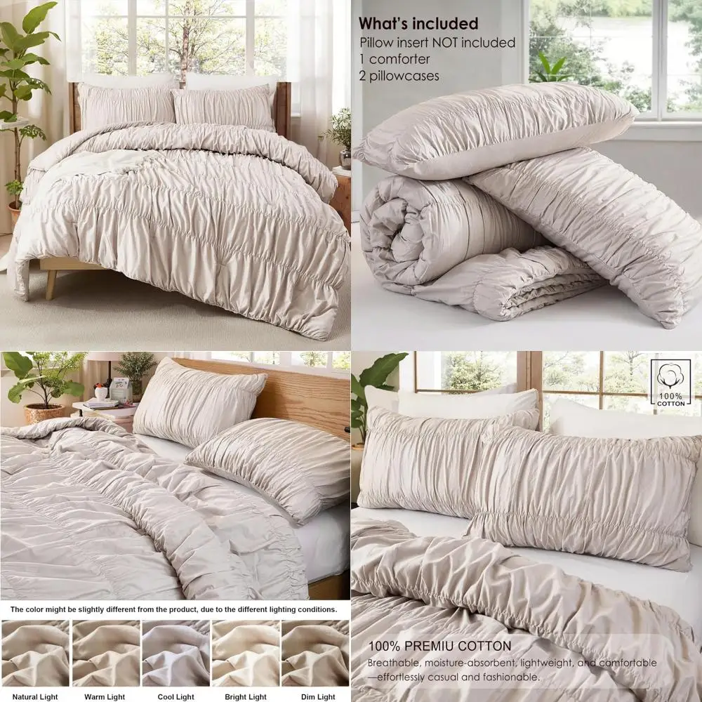 

Cotton Woven Queen Bed Comforter Set with Ruffled Bohemian Style, Vintage Shabby Chic