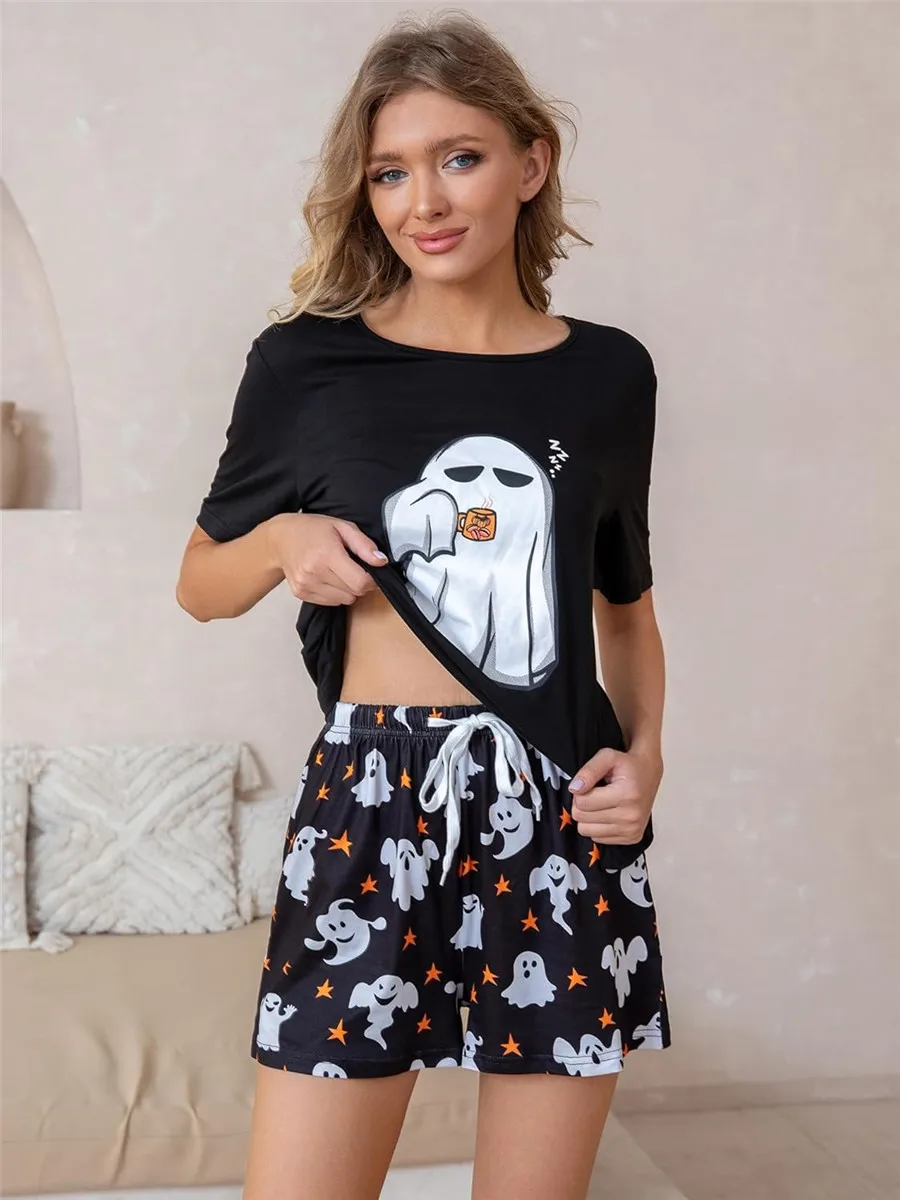 

Women’s 2 Piece Halloween Pajama Sets Spooky Short Sleeve Graphic Print Tops + Shorts Suits Lounge Clothes Sleepwear 2025 Pjs