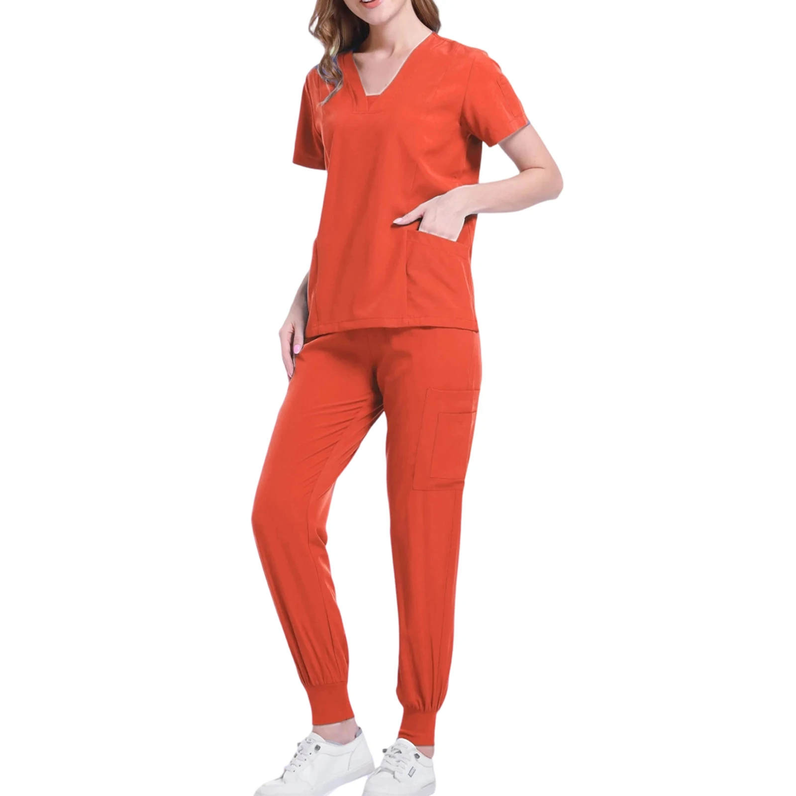 女性用ナーススクラブセット Vネック 半袖 マルチカラー ゆったり 快適 多ポケット 医療ユニフォーム 医療作業服