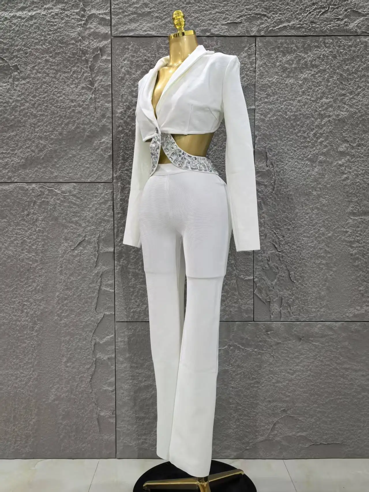 Glamour noir blanc femmes à manches longues Sexy col en v brillant cristal 2 pièces moulante ensemble de pansement célébrer soirée