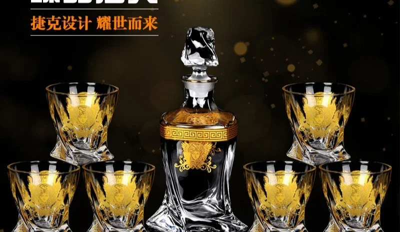 كريستال، زجاج، كأس نبيذ، مجموعة، ورق زهور ذهبي، ويسكي، فاخر خفيف، مجموعة نبيذ