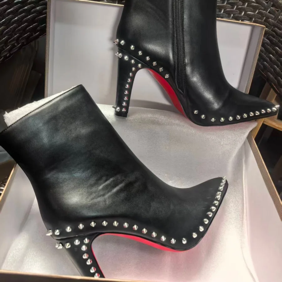 

Women's Pointed Toe Black Leather Ankle Boots Studded Spikes Rivets Decor High Spike Heels Short Chelsea Boots