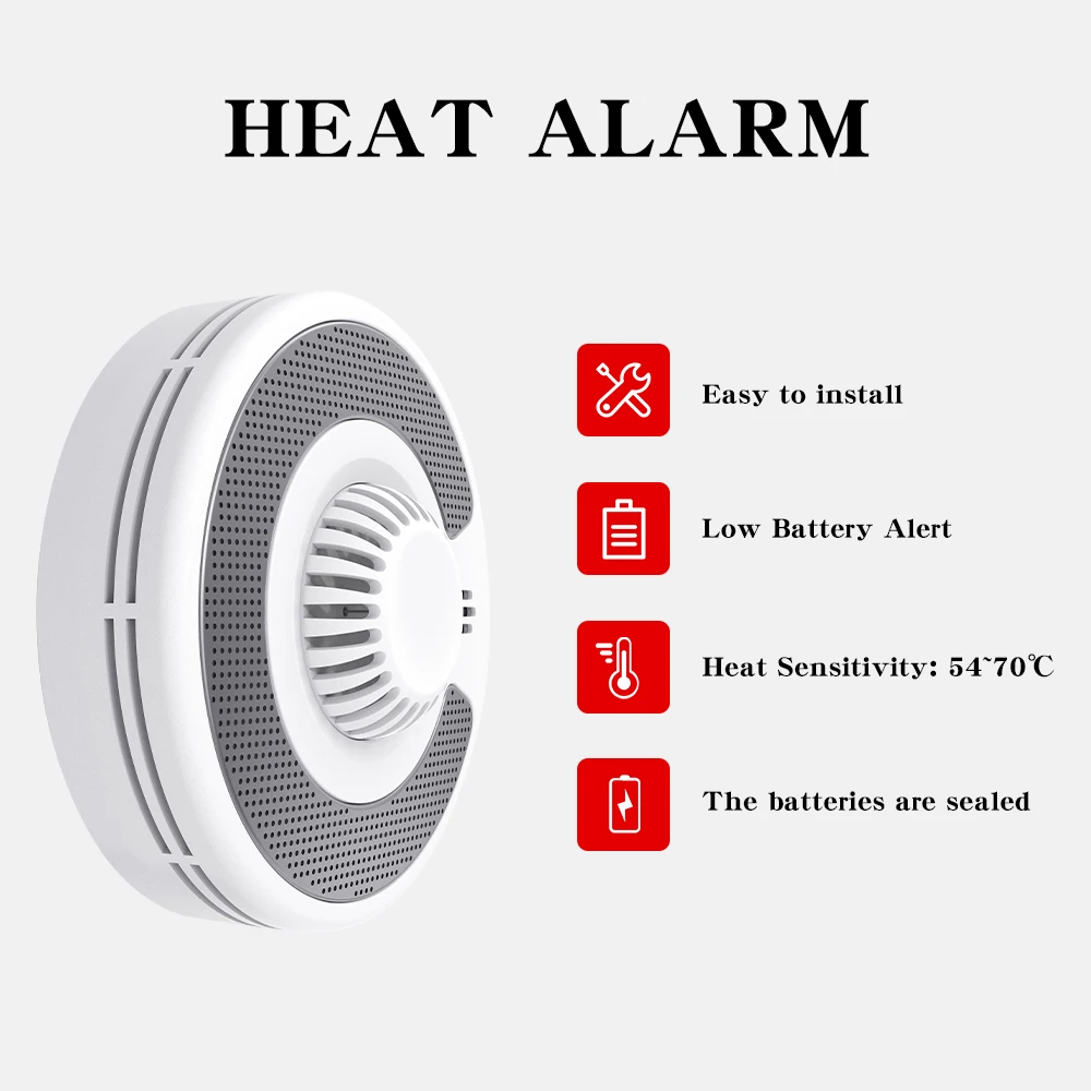 Wi-Fi Smart Heat Detector with Tuya App control, Tuya Smart Heat Alarm with Sealed 10-Year Li-Battery, BS 5446-2, VH03W, 2-Pack