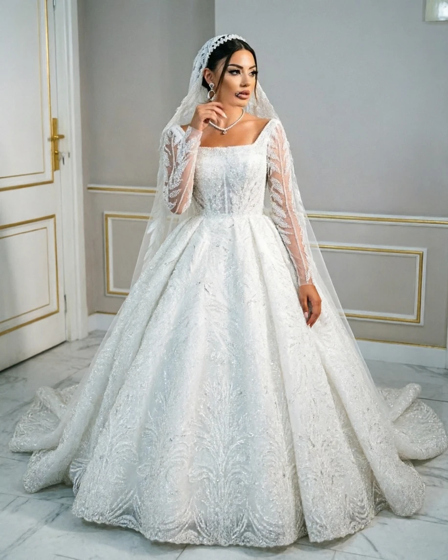 

Customized Classic Wedding Dress Square Neck Long Sleeve Sequined Ball Gown Sparkling Beaded Lace Bridal Gown Vestido De Noiva