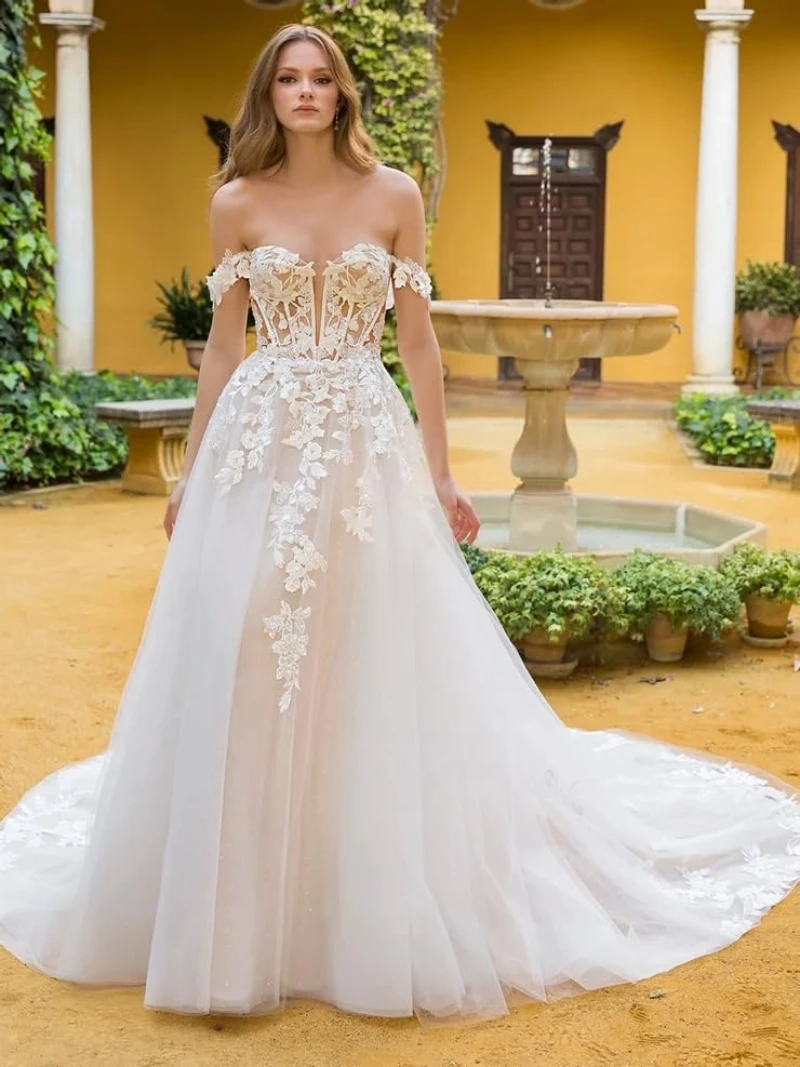 Robe de mariée en Tulle, épaules dénudées, avec des appliques en dentelle, ligne A, longueur au sol, robe de mariée formelle
