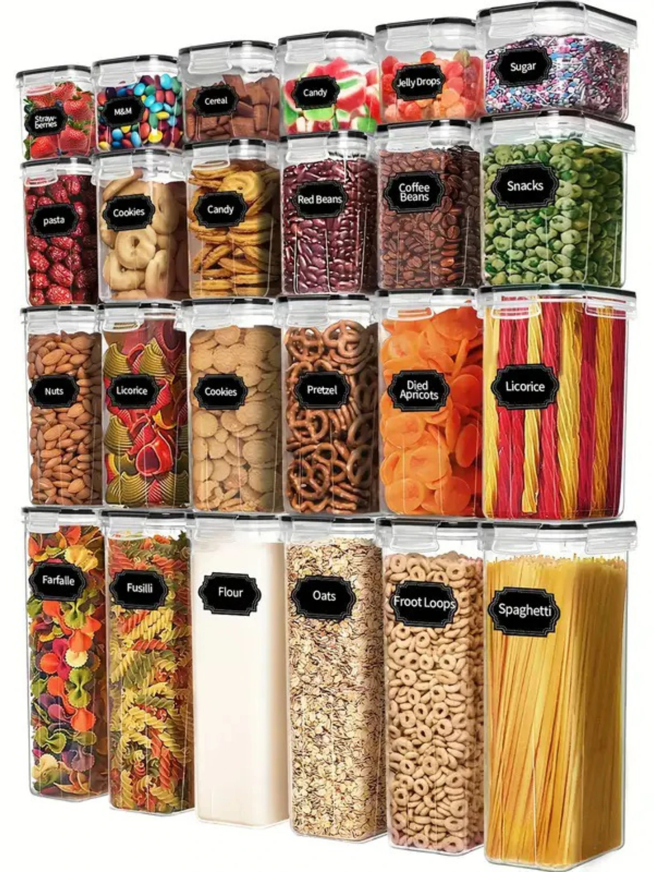 Conteneurs hermétiques de stockage des aliments, 24 pièces, avec étiquettes, pour farine, grains, café et épices de cuisine, garde les aliments frais organisés