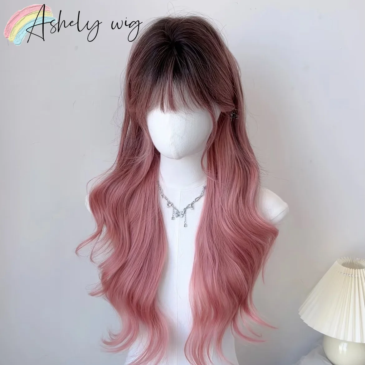 Dried Rose Pink Wig for Women 24inch Long Wavy Hair Cute Lolita Wig with Bangs Nature Synthetic Wigs with Black Root Daily Use
