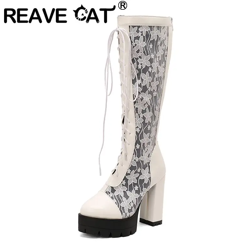 

REAVE CAT 2025 Новые модные женские сапоги до колена с круглым носком и блочным каблуком 12 см, платформа 4 см, молния, шнуровка, разные цвета, 48 49 50