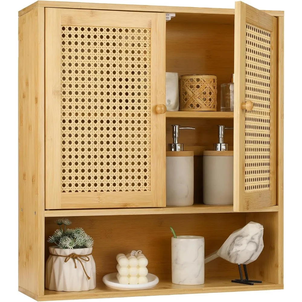 

Bamboo Cabinet Wall Mount, Rattan Medicine Cabinet with Shelves and Doors, Wall Cabinet Above Toilet, Storage Organizer for Laun