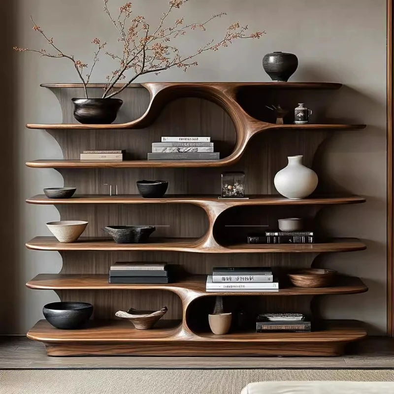 

Solid wood Chinese simple modern Duobao Pavilion tea set floor rack small creative ornament rack log