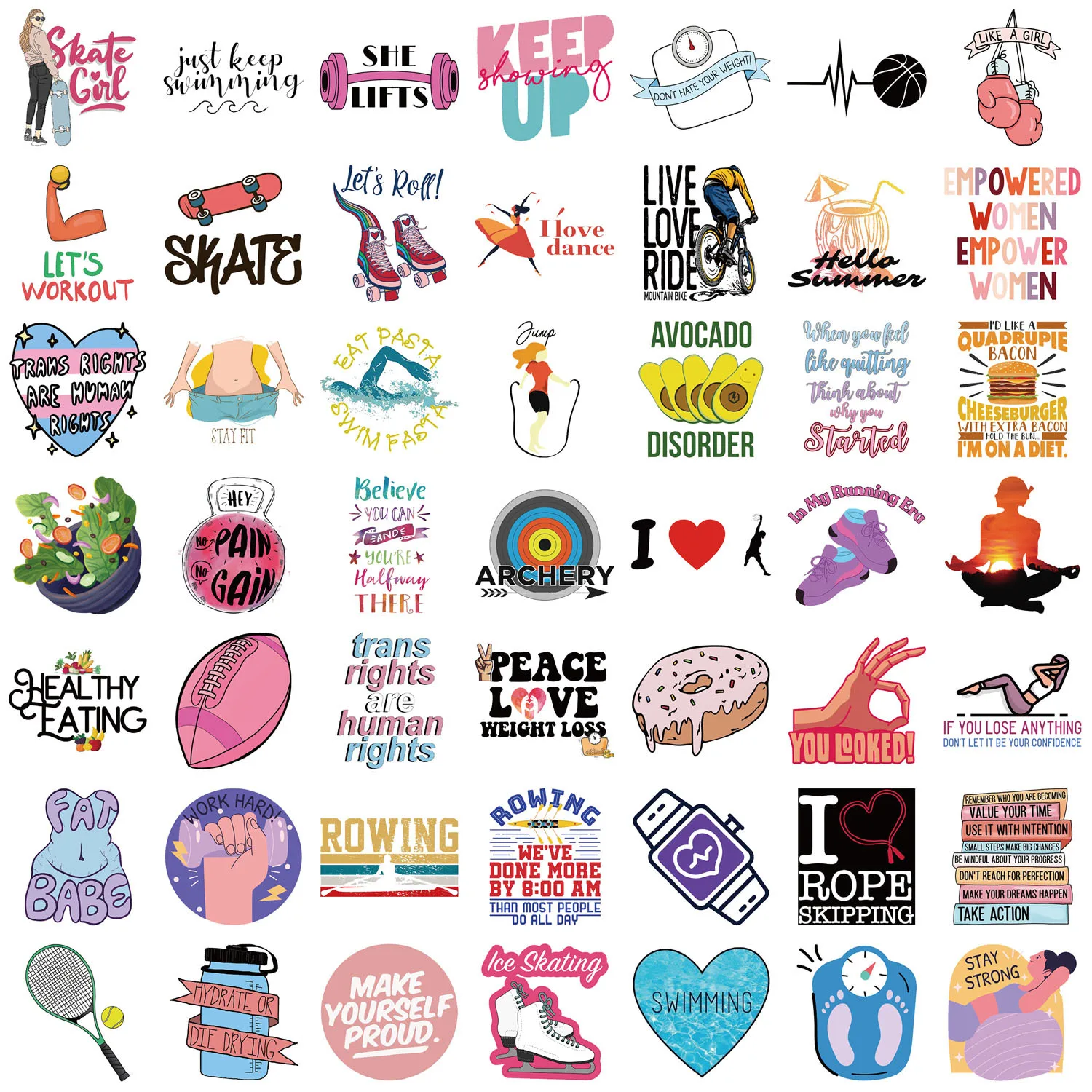 10/30/50PCS Lose Weight Cartoon Stickers Exercise and Fitness Graffiti Sticker Scrapbook Luggage Laptop Car Burn Calories Decals