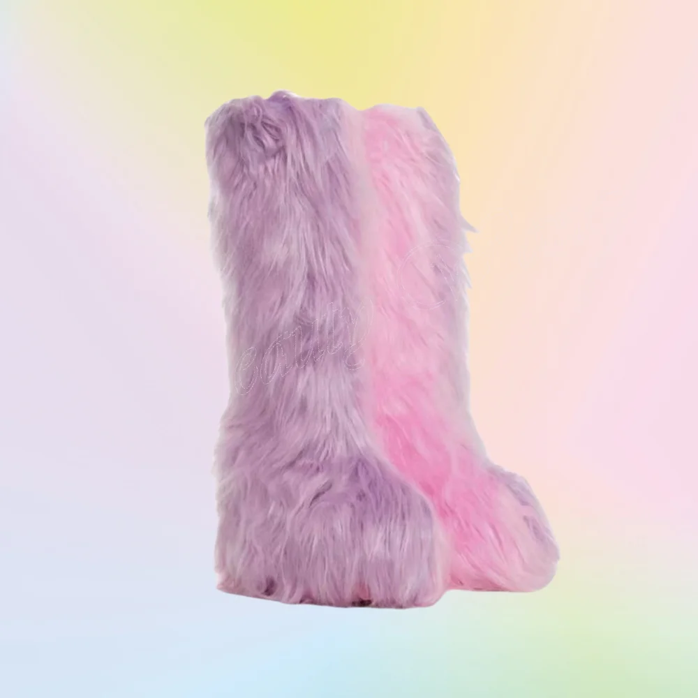 Pink Solid Fur Boots Platform Slip on Warm Mid Calf Lady Shoes Heel High Heel Shoes for Women Shoes 2024 Zapatos Para Mujere