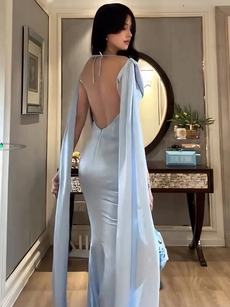 Weird Puss Rückenfreies Bandage-Maxikleid für Damen, langes, mit Quasten versehenes, tief ausgeschnittenes, einfarbiges, schmales, elegantes Kleid für Geburtstagsfeiern, schicke Urlaubskleider – Detail 16