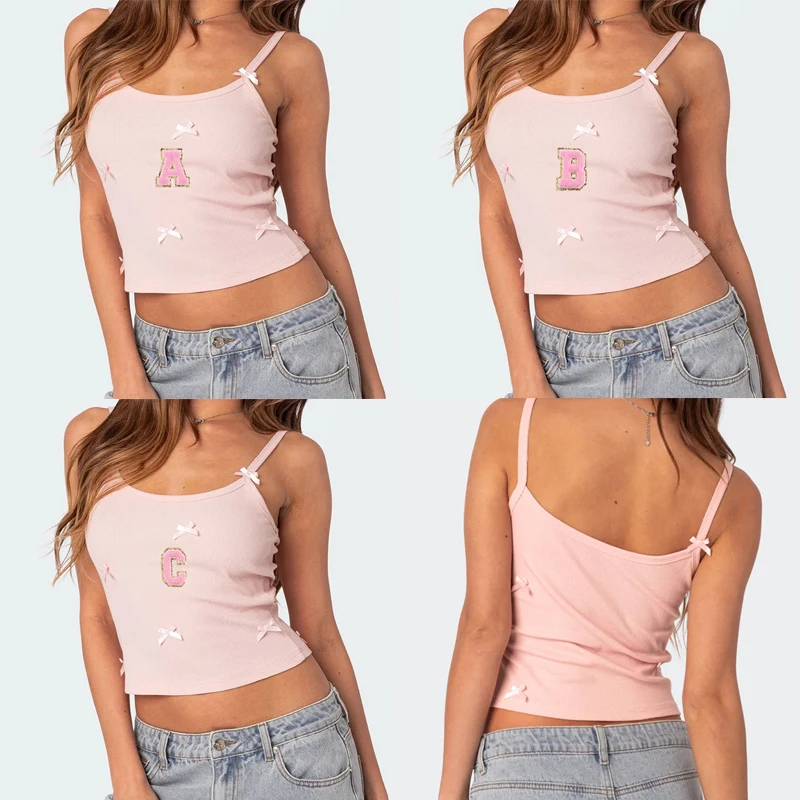 

26-letter Butterfly Pink Slim-fit Women's Shirt Y2K Clothes In The Summer Of 2025 Pink Halter Vest Street Girl Crop Top Y2k