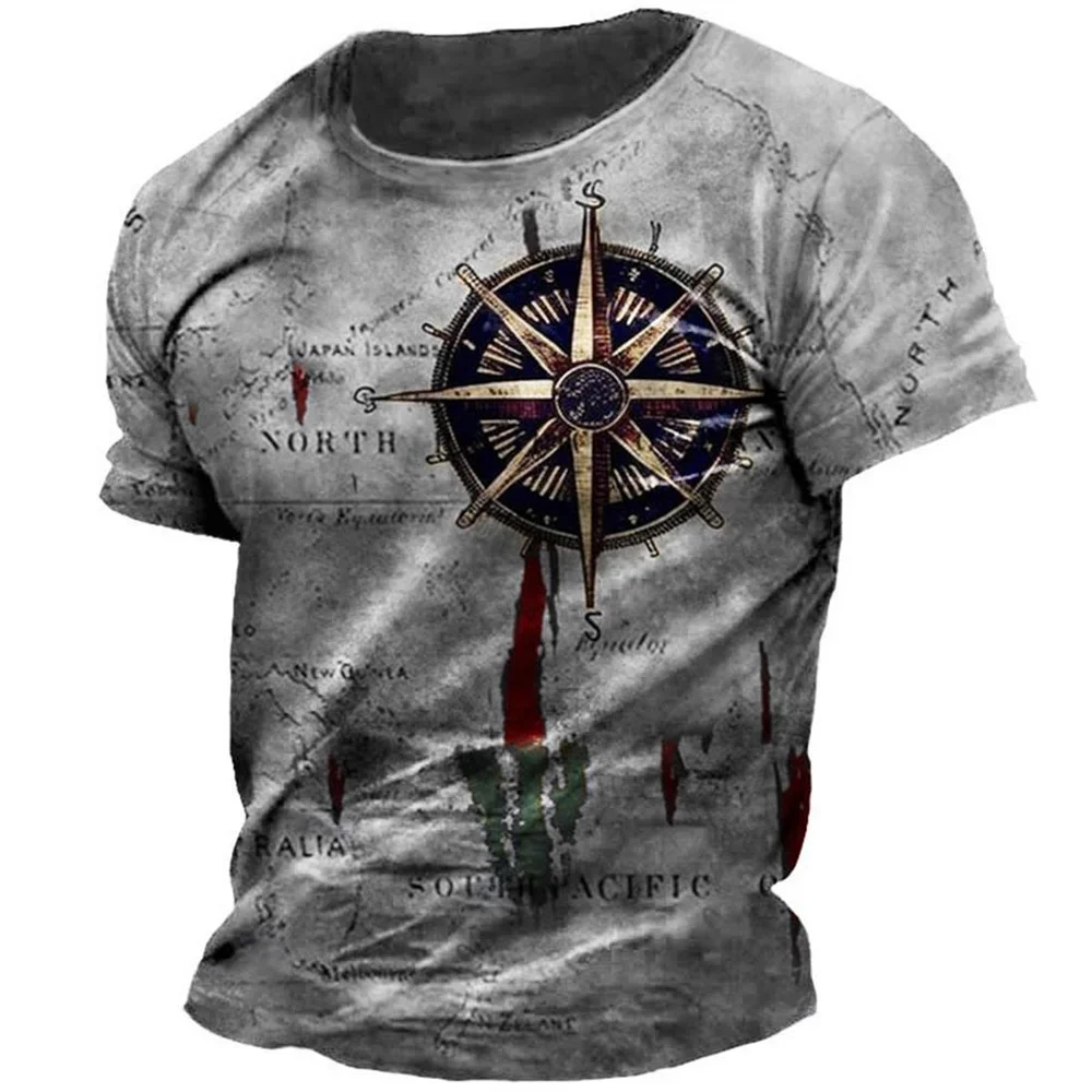 2024 Hot Selling Retro Navigation Map Compass 3D Printed T-shirt Summer Loose Short Sleeve Men's Casual Round Neck T-shirt