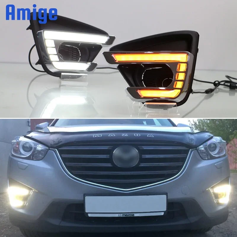 12V LED DRL Daylights For Mazda CX-5 CX5 2013 2014 2015 2016 Yellow Turn Signal Auto Daytime Running Light Fog Lamp