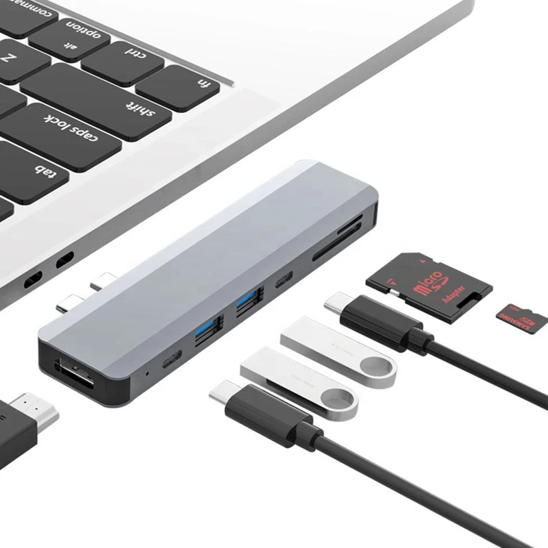 Aluminum 7 in 2 Dual Type-C Hub Multiport Adapter 4K@30Hz HDMI 100W PD Thunderbolt 3 USB3.0 SD Micro SD Card Reader Portable Hub