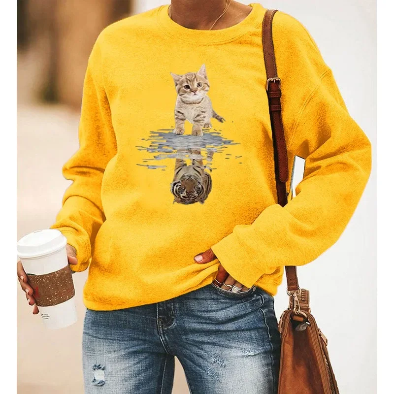 Kitten Sunflower Print Long Sleeve Crew-neck Hoodie Lady Sweatshirt  Streetwear Women  Aesthetic