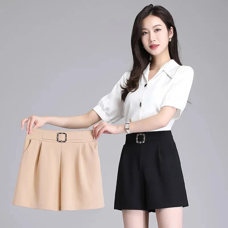 Women's Ice Silk Shorts 2024 Summer New Korean Version Simple High Waisted Casual Diamond Studded Suit Wide Leg Pants For Women