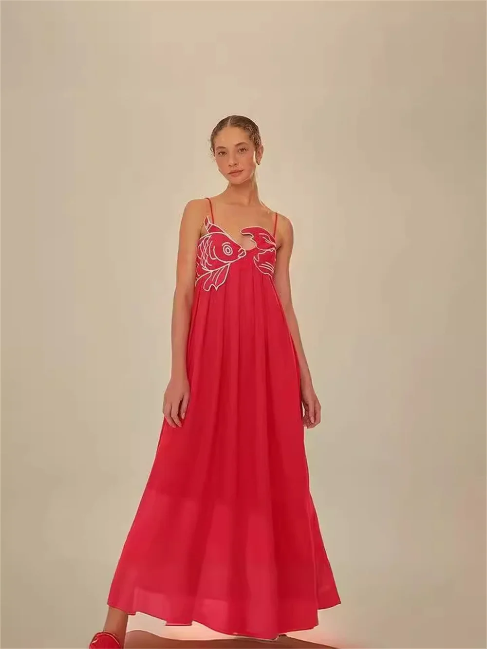 Fashion Red Fish Embroidery Sling  Long Dress 2024 Summer Sexy Sleeveless Backless High Waist A-line Pleated Party Holiday Robe