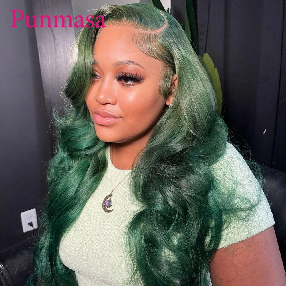 Punmasa Dark Green Body Wave Human Hair Wig 13x6 Transparent Lace Front Wigs for 200% Black Women PrePlucked 13X4 Frontal Wig