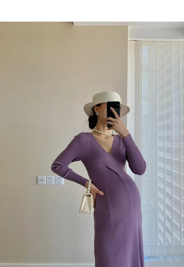 Women Knitted Maternity Dresses Plus Size Elasticity Daily Clothes Winter Long Sleeve Photography Pregnancy Dress Inside Cloth