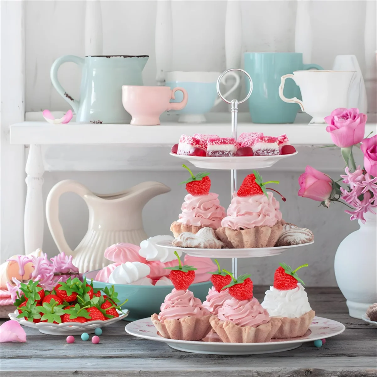 AT59 100 Stück künstliche rote Erdbeeren, gefälschte Kunststoff-Erdbeerdekoration für Zuhause, Küche, Festival, Party, Fotografie, Kuchen