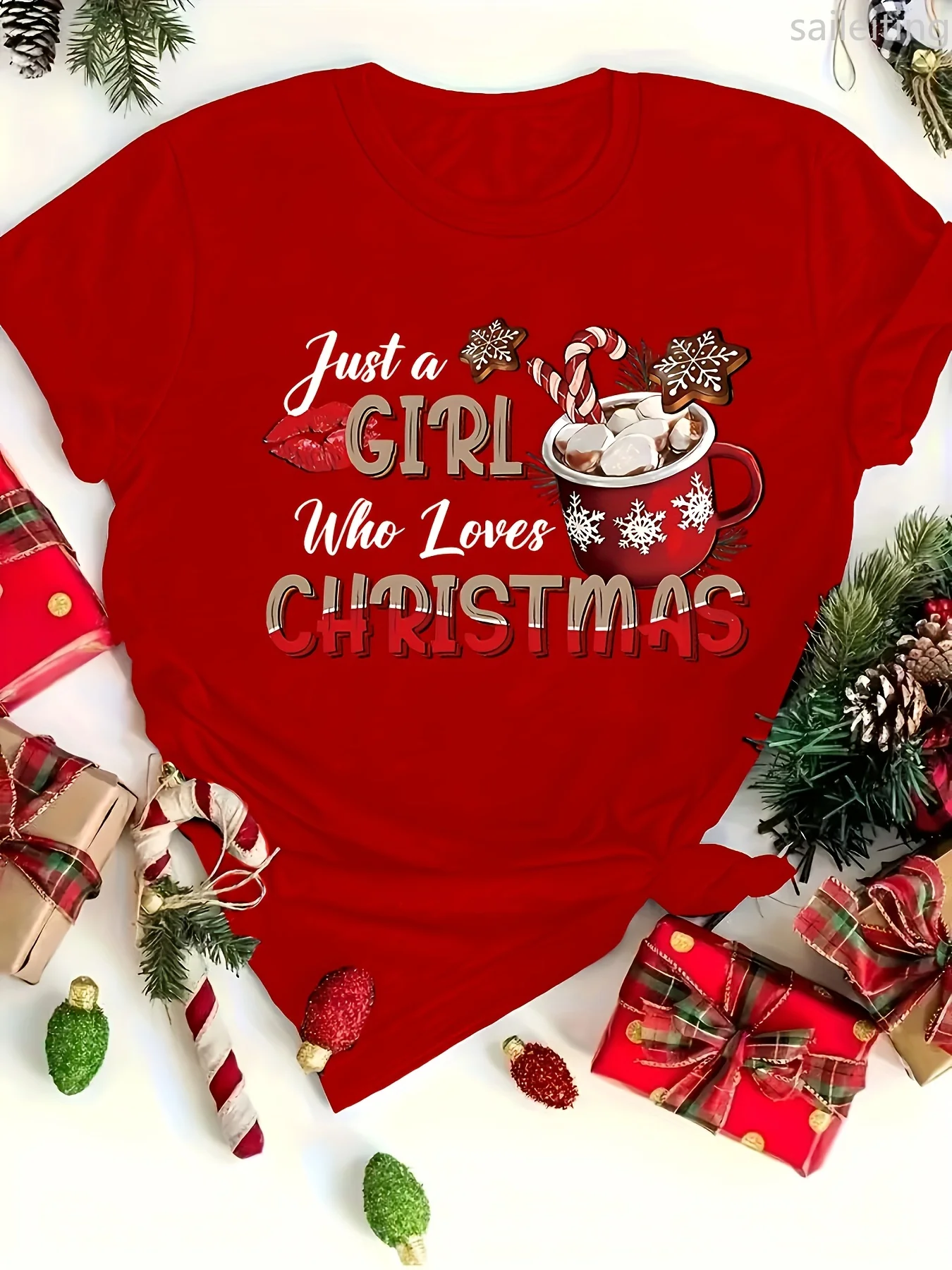 تي شيرت عيد الميلاد الاحتفالي - تي شيرت نسائي مقاس كبير Just A Who Loves ChristmasGraphic - أكمام برقبة دائرية حمراء مع ندفة الثلج #4