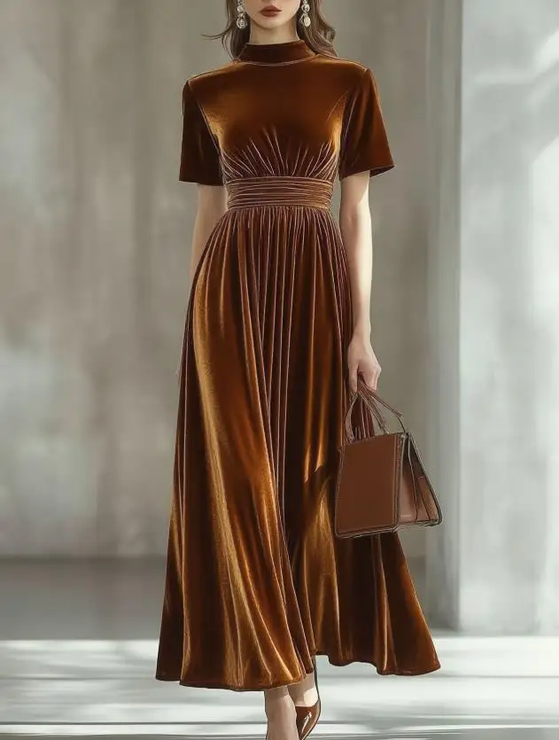 

New Women's Gold Velvet Short Sleeved Dress, Elegant Waist Cinching and Slimming Temperament, Big Swing Long Skirt