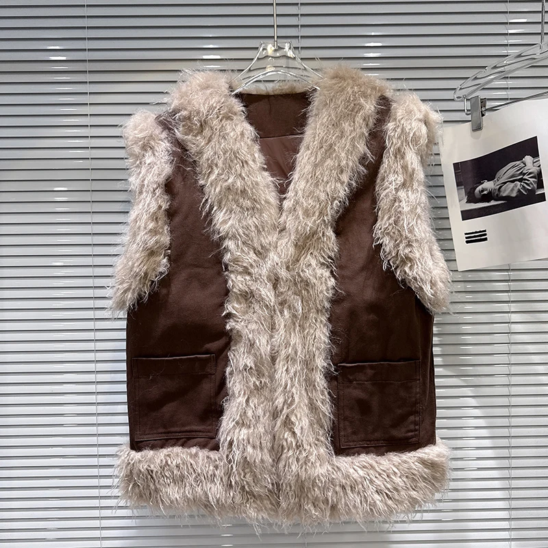 2025 Winter New Retro Spicy Girl Environmental Protection Hairy Edge Splicing Warm Fashion Casual  Down Vest for Women