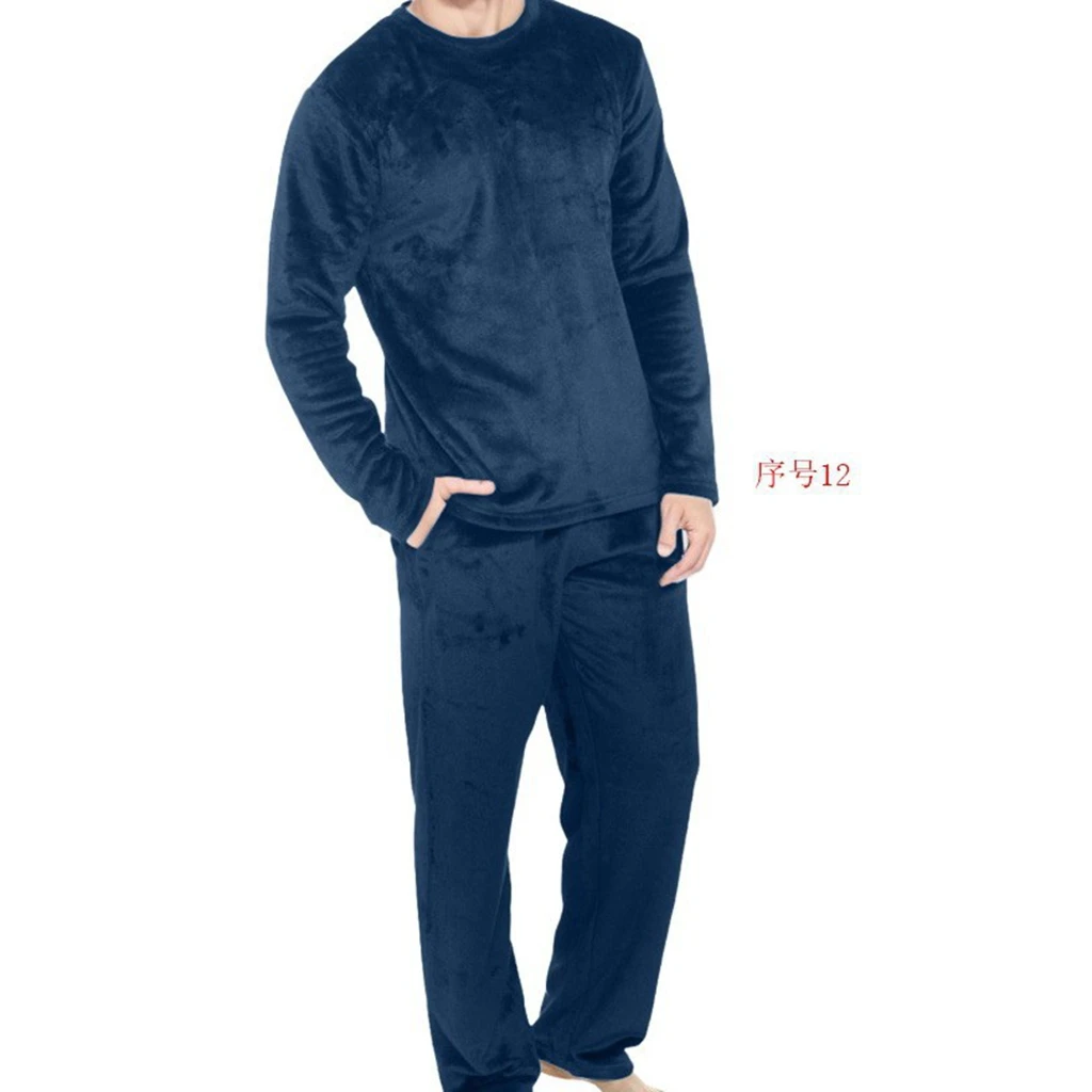 Men’s 2 Piece Velvet Pajama Set Long Sleeve Solid Color Pullover + Pants Set Loungewear