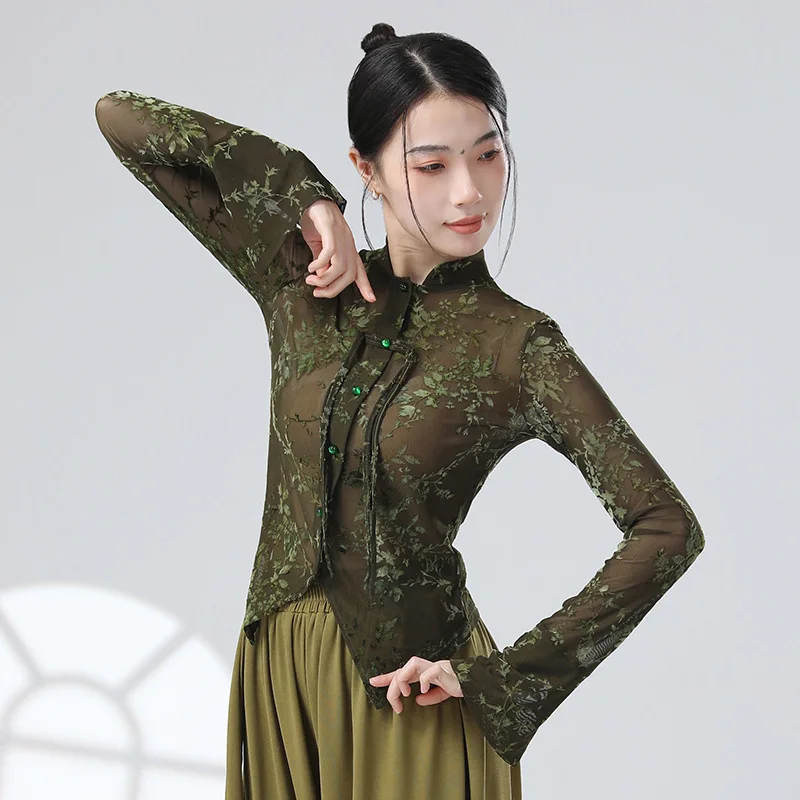 UMI MAO New Chinese Top Women\'s Mesh Classical Dance Dance Dress New Slim Fit Long Sleeved Performance Clothing Femme