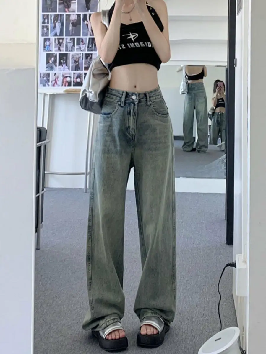 

Широкие джинсовые джинсы с высокой талией, женские повседневные длинные брюки в стиле груша в стиле ретро, уличная одежда с мясом, американские повседневные длинные брюки