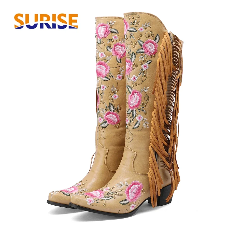Fashion Embroidery Flower Western Knee High Boots Women Pointed Toe Block Heel Black Brown Tassel Retro Zipper Cowboy Long Boots